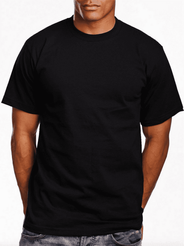 A man wearing black t-shirt with his hands in pockets.