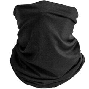 A black neck gaiter is shown on top of a white background.