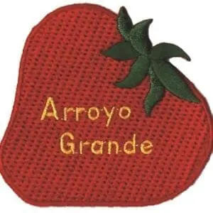 A red strawberry with the word arroyo grande written on it.