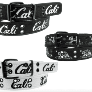 A pair of black and white belts with the word " cali " on them.