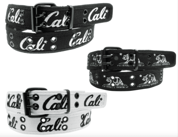 A pair of black and white belts with the word " cali " on them.