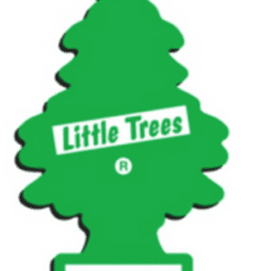 A green tree shaped air freshener with the words " little trees ".