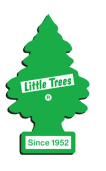 A green tree shaped air freshener with the words " little trees ".