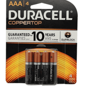 A pack of batteries is shown with the words " duracell coppertop ".