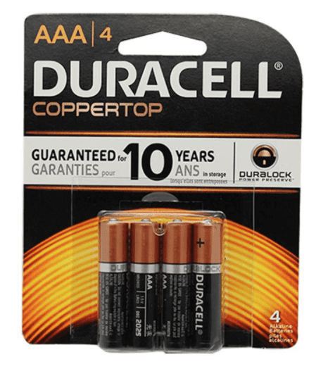 A pack of batteries is shown with the words " duracell coppertop ".