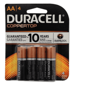 A pack of batteries is shown with four aa batteries.