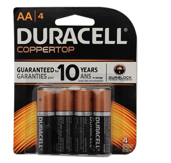 A pack of batteries is shown with four aa batteries.