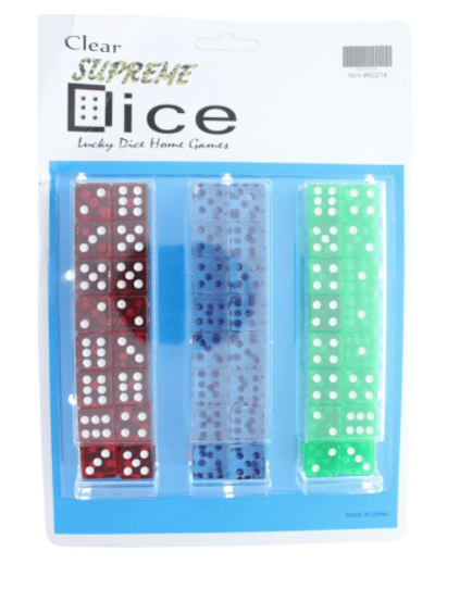 A package of dice with different colors and sizes.