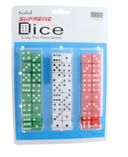 A pack of three dice in different colors.