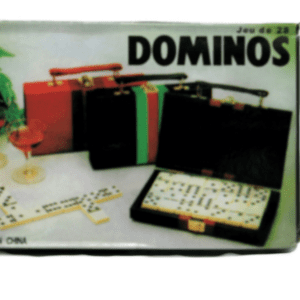 A box of dominoes sitting on top of a table.