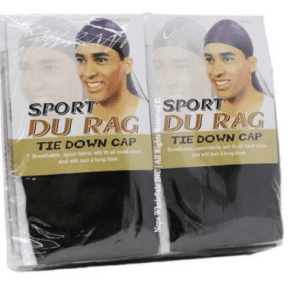 A pair of black sports du rag hats.