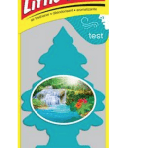 A tree shaped air freshener is shown on the package.