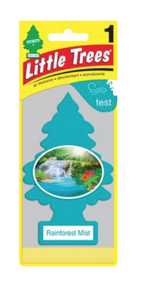 A tree shaped air freshener is shown on the package.