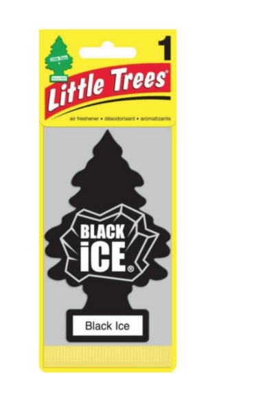 A black ice tree shaped air freshener.