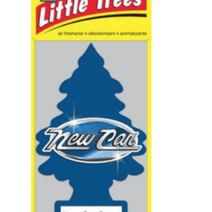 A blue tree shaped air freshener with the words " new cars ".