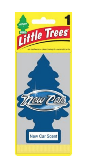 A blue tree shaped air freshener with the words " new cars ".