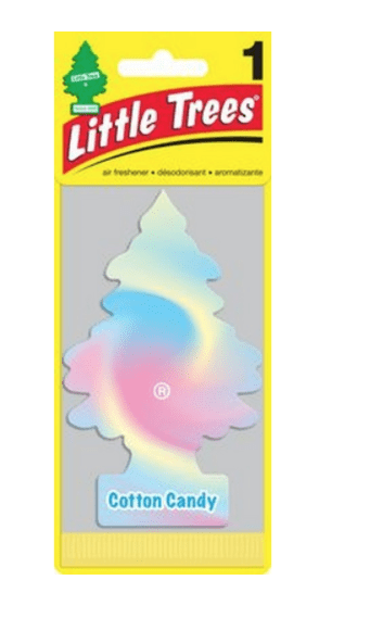 A little tree air freshener is shown in front of a rainbow.