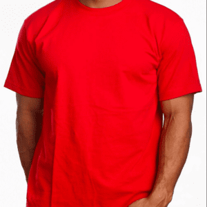A man wearing a red shirt and standing up.