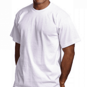 A man wearing a white t-shirt and standing up.