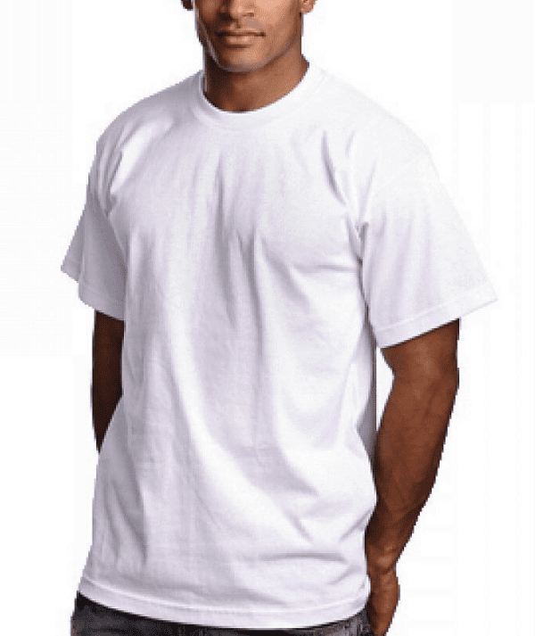 A man wearing a white t-shirt and standing up.