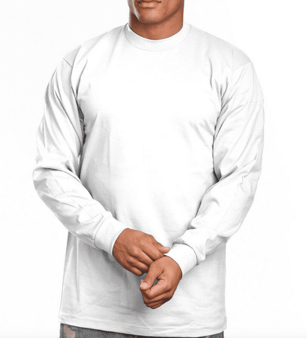 A man wearing white long sleeve shirt and black pants.