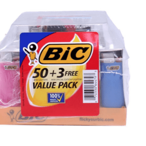 A box of bic lighters with the package on it.