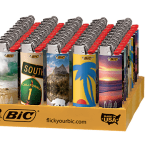 A display of bic lighters with different designs.