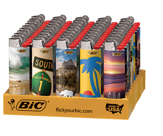 A display of bic lighters with different designs.