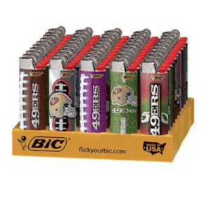 A display of bic lighters with football designs.