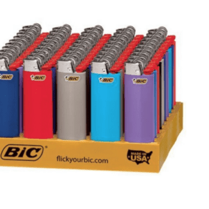 A display of bic lighters in different colors.