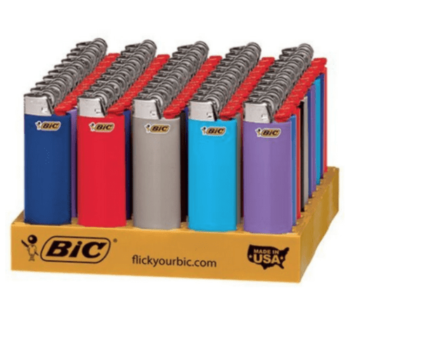 A display of bic lighters in different colors.