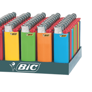 A display of bic lighters in different colors.