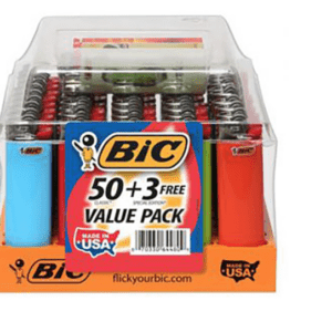 A display of bic lighters in different colors.