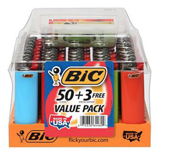 A display of bic lighters in different colors.