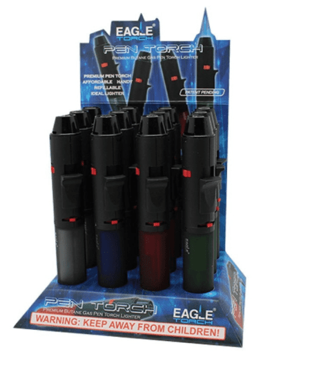 A display of a dozen eagle butane gas lighters.