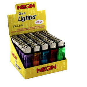 A display of neon gas lighters in different colors.