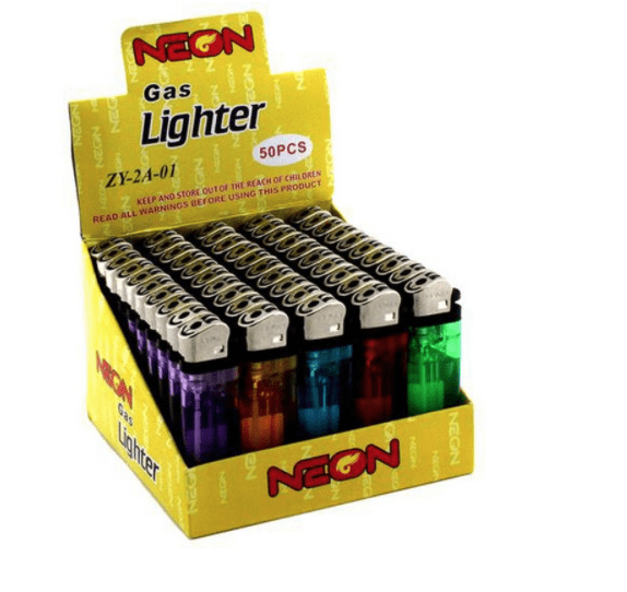 A display of neon gas lighters in different colors.