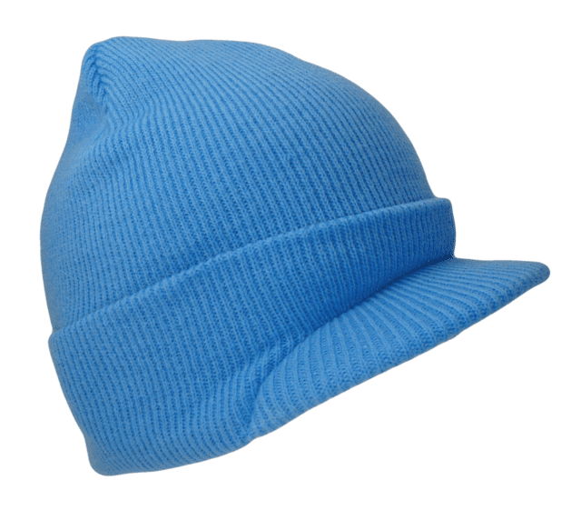 A blue hat with a visor on top of it.