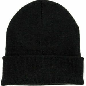 A black beanie hat is shown from the front.