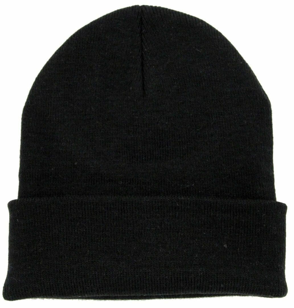 A black beanie hat is shown from the front.