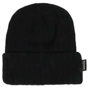 A black beanie hat with a patch on the side.