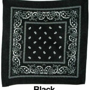 A black bandana with white paisley designs on it.