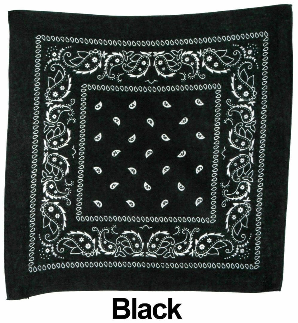 A black bandana with white paisley designs on it.