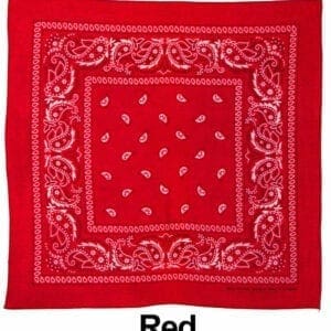 A red bandana with white paisley designs on it.