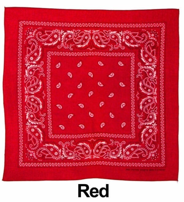 A red bandana with white paisley designs on it.