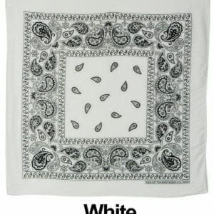 A white bandana with paisley designs on it.