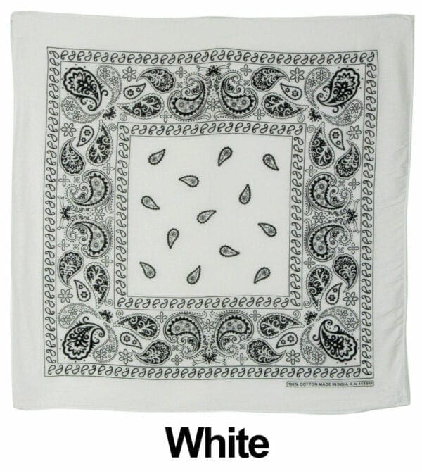 A white bandana with paisley designs on it.