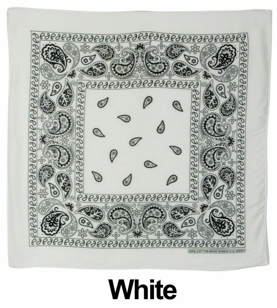 A white bandana with paisley designs on it.