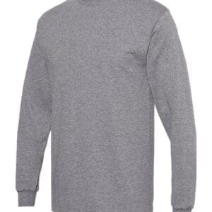 A gray long sleeve shirt with a white logo on it.