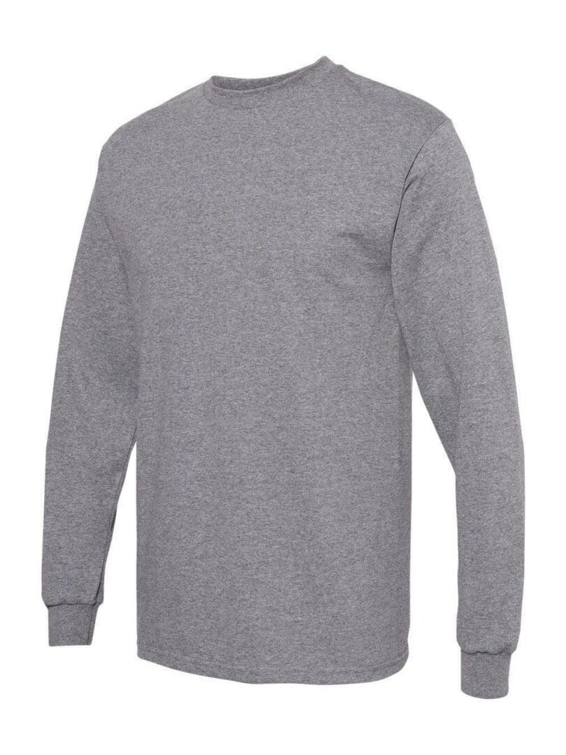 A gray long sleeve shirt with a white logo on it.